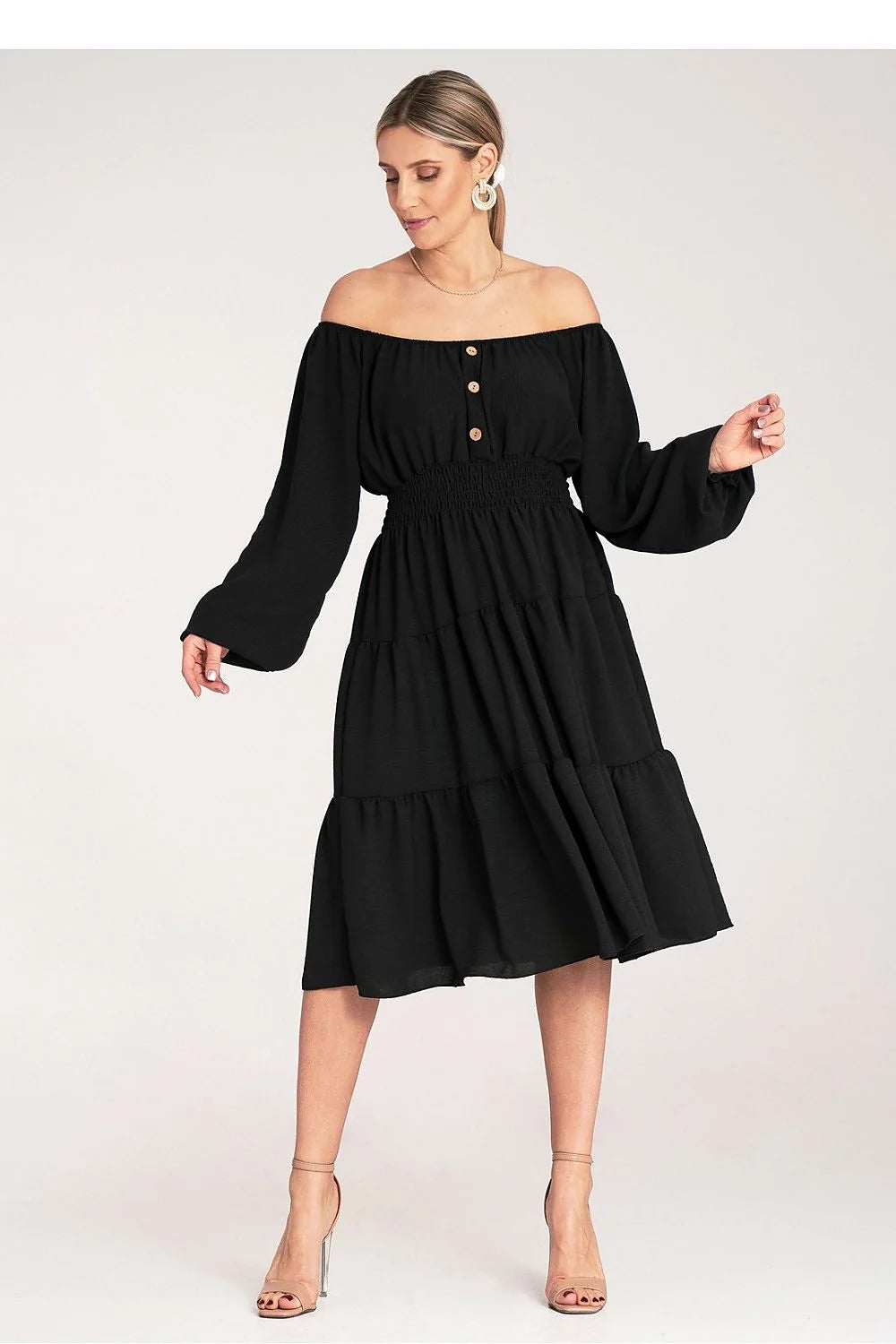 Robe de jour élégante style bohème-chic encolure Bardot manches longues empire waist volants noire polyester élasthanne femme