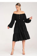 Robe de jour élégante style bohème-chic encolure Bardot manches longues empire waist volants noire polyester élasthanne femme