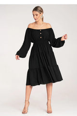 Robe de jour élégante style bohème-chic encolure Bardot manches longues empire waist volants noire polyester élasthanne femme