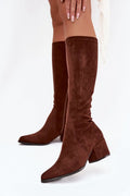 bottes montantes femme suédine écologique marron bout pointu talon bloc 6cm tige 36cm fermeture éclair fourrure confort chaud polyvalente élégante