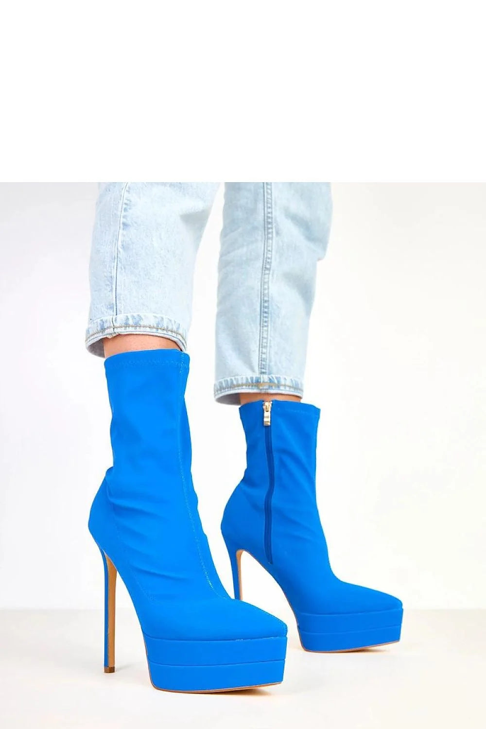 bottines femme satin bleu cobalt lustré élégantes féminines bout pointu talon aiguille très haut plateforme compensée tige montante zippée dorée