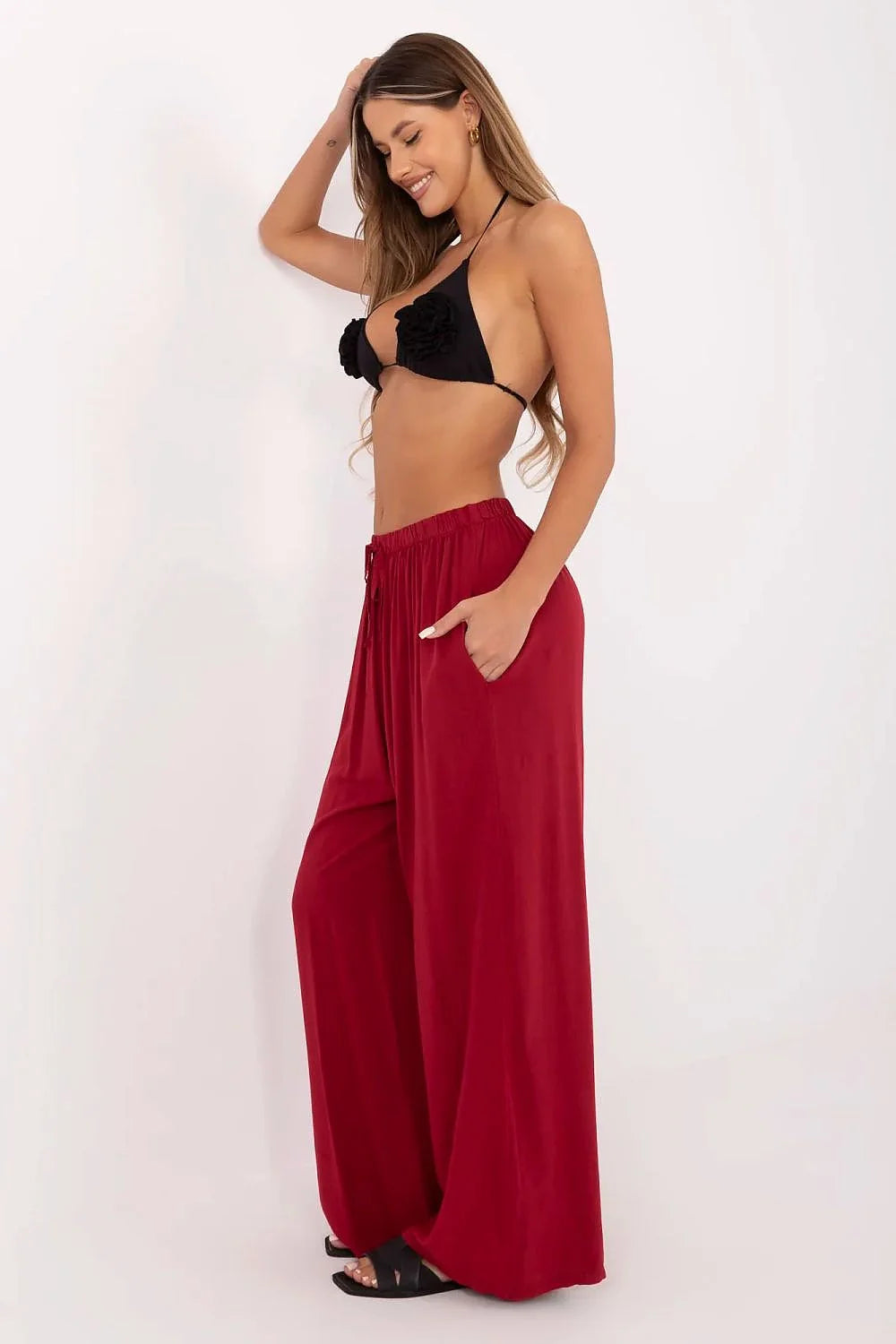 Pantalon femme Italy Moda large rouge taille haute ceinture élastique poches latérales été confort mode