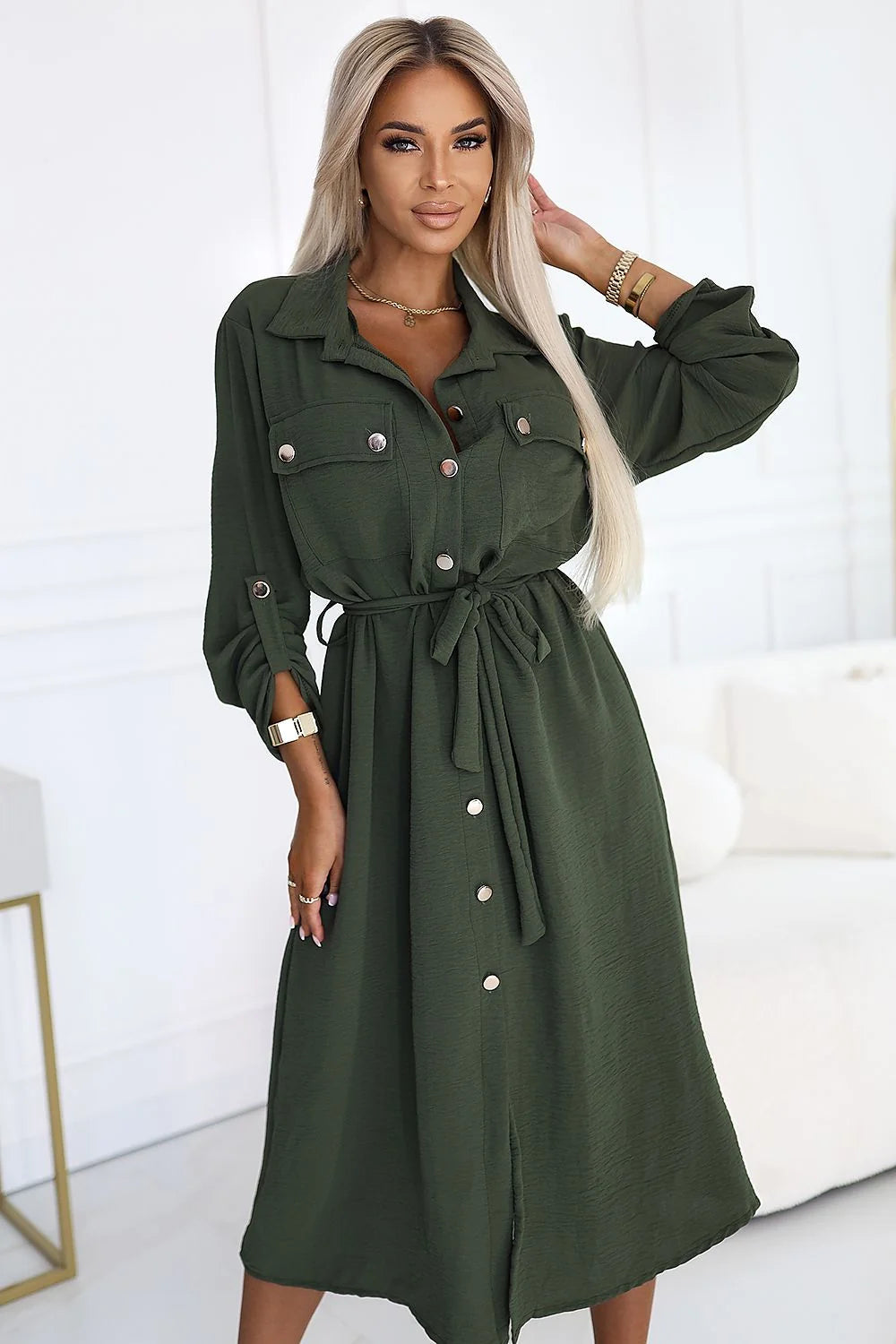 Robe de jour élégante Numoco Basic kaki manches longues boutons ceinture femme polyvalente occasion quotidienne travail soirée