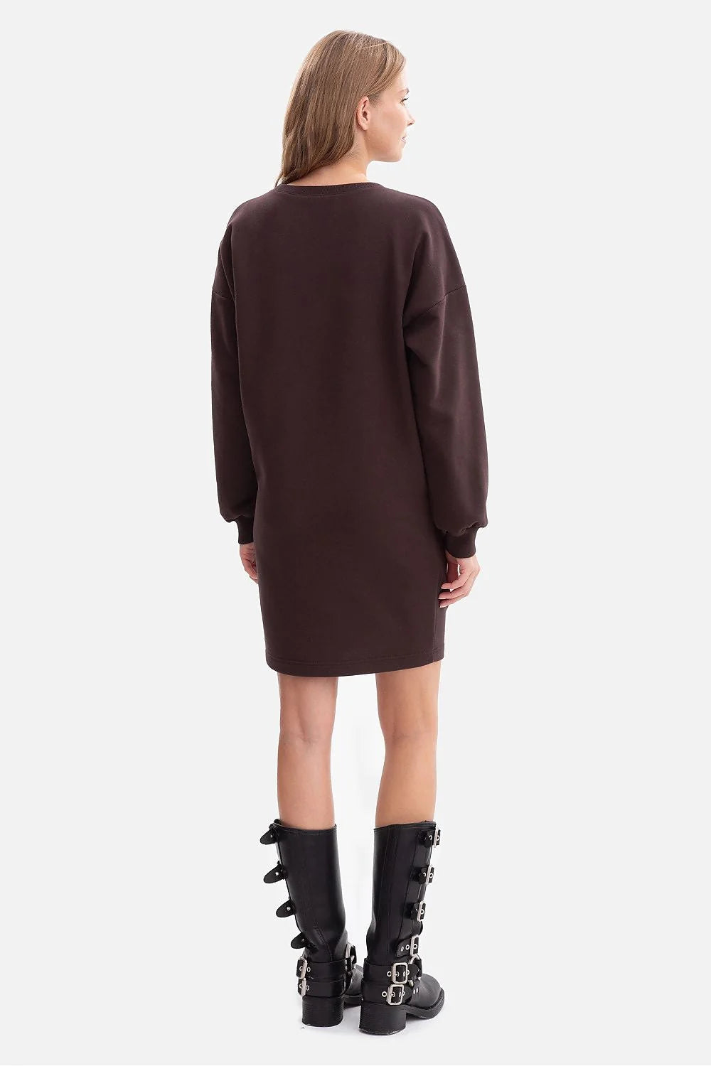 robe pull sweat oversize femme marron chocolat molleton coton doux mini longueur encolure ronde manches longues épaules tombantes poignets cotelés