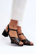 Sandales à talons carrés pour femmes en cuir verni noir design moderne ouvert T-strap ajustable 5.5 cm confortable