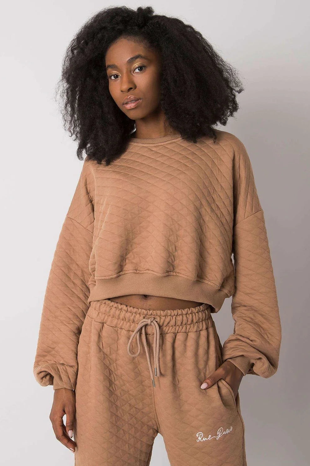 Sweatshirt femme moderne décontracté tissu matelassé kaki losanges manches longues ample urban casual