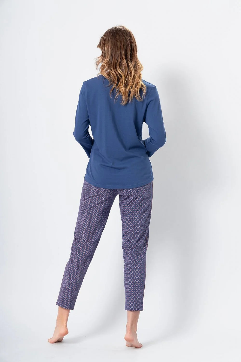 pyjama femme décontracté élégant bleu denim imprimé plumes rose pantalon géométrique cheville taille élastiquée nœud satiné manches longues coupe ample