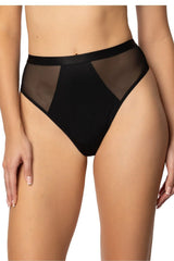 strings Capri noir taille haute microfibre empiècement opaque panneaux latéraux tulle mesh semi transparent ceinture élastique satinée maintien léger invisible