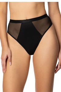strings Capri noir taille haute microfibre empiècement opaque panneaux latéraux tulle mesh semi transparent ceinture élastique satinée maintien léger invisible