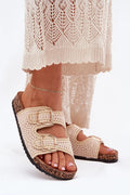 sandales mules femme bohème chic crochet beige brides réglables boucles dorées plateforme liège semelle crantée cuir suédé ergonomique chaîne cheville