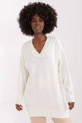 Pull-over féminin ample long col V manches longues finitions côtelées confortable élégant polyvalent femme mode vêtement
