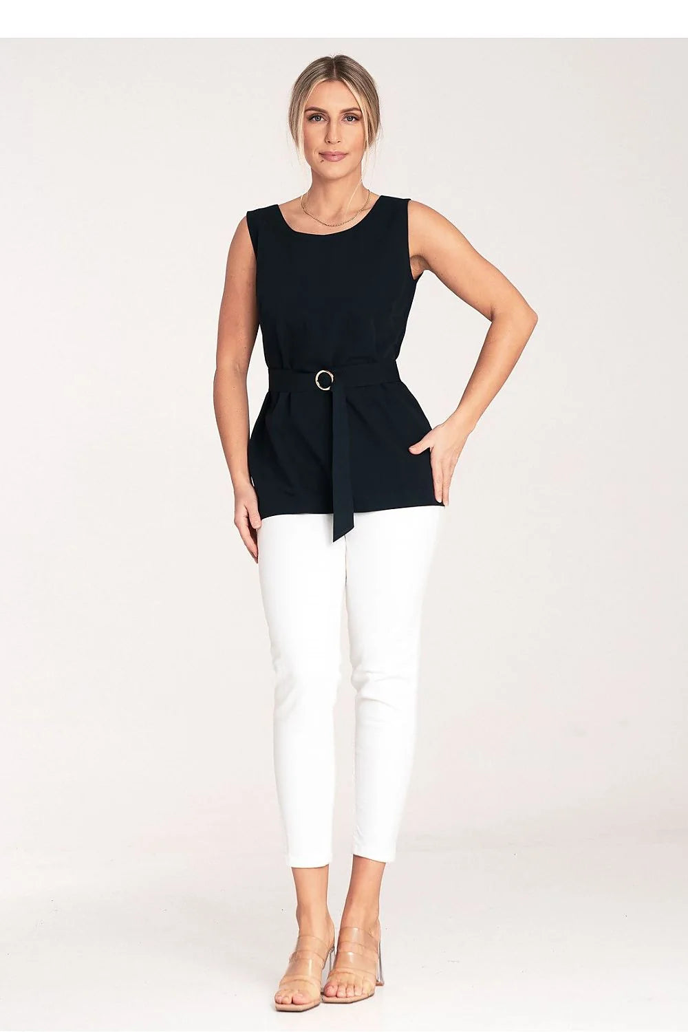 Chemisier sans manches élégant coupe droite ceinture dorée tissu fluide couleur navy femmes mode intemporelle