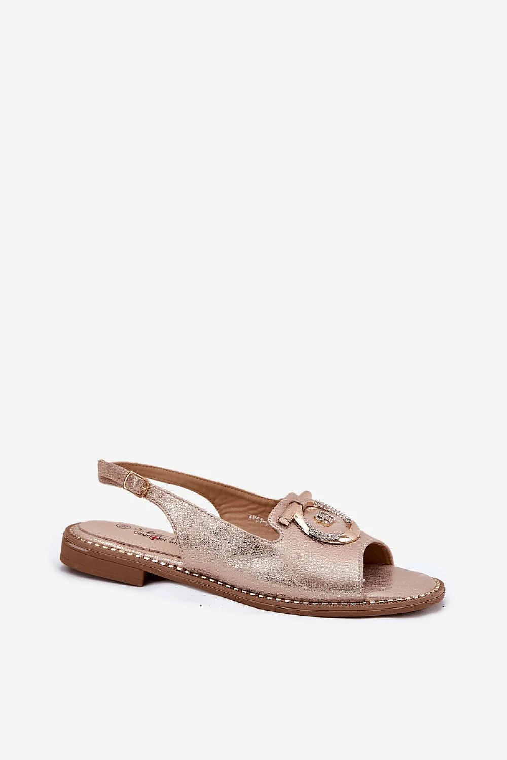 sandales femme rose doré métallisé bride arrière bout ouvert semelle basse coussinée similicuir boucle circulaire strass réglable confort respirante élégante