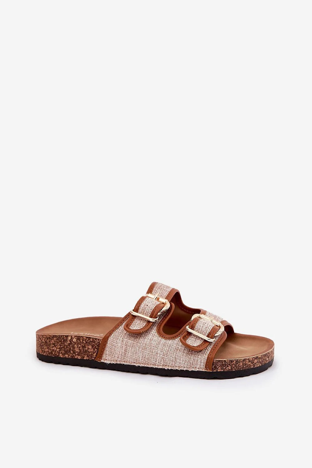 Sandales femmes style casual élégant bride strap buckles dorés cork insole semelle caoutchouc beige clair brun