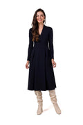 Robe de jour moderne élégante longue manches longues tissu épais extensible noire poches plaquées coutures soignées femme