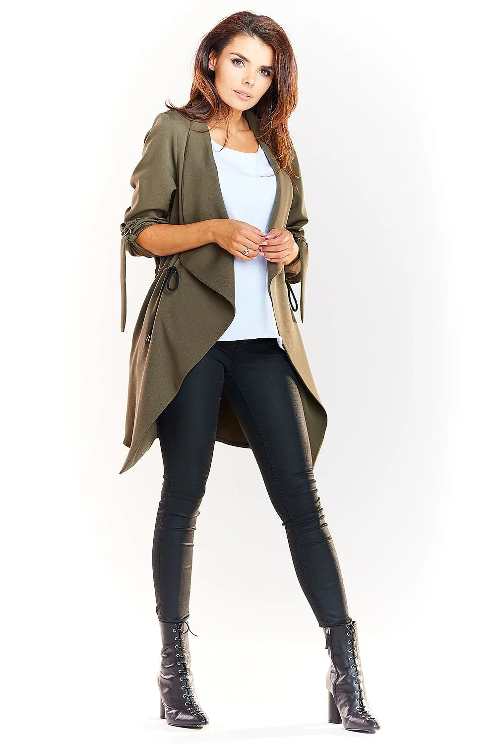Manteau long femme moderne synthétique léger kaki décontracté manches longues ajustables mi-cuisses col revers