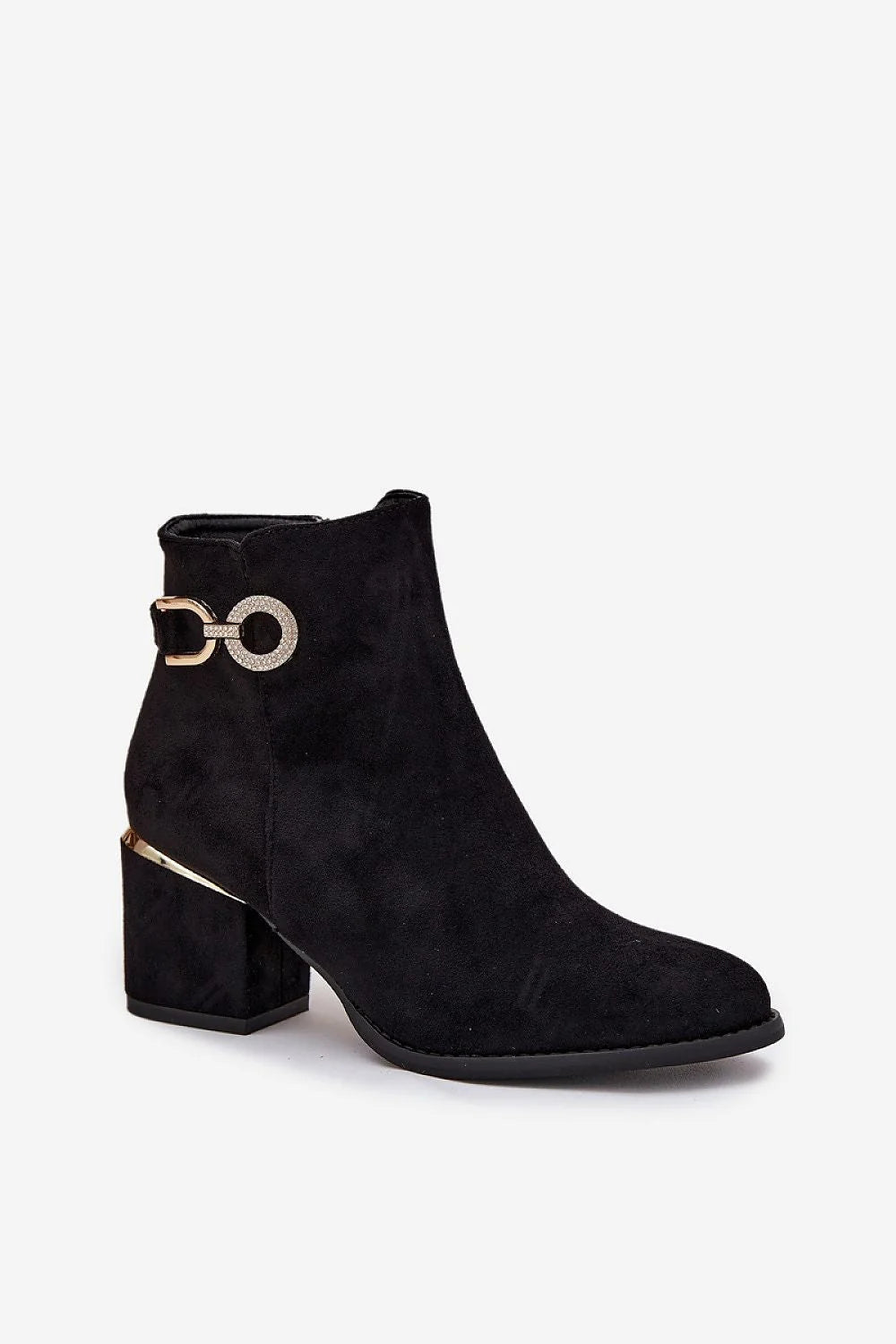 bottines femme cheville suède écologique noir talon bloc bout pointu fermeture éclair latérale doublure chaude semelle confortable dorés strass