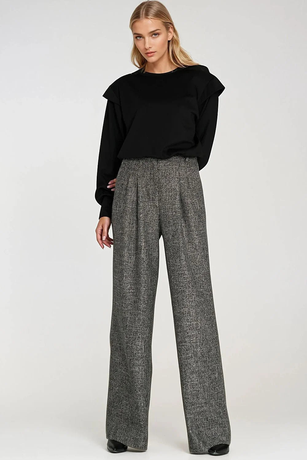 sweatshirt femme noir oversize col rond manches longues épaules structurées poignets larges côtelés tombé blousant maille jersey douce