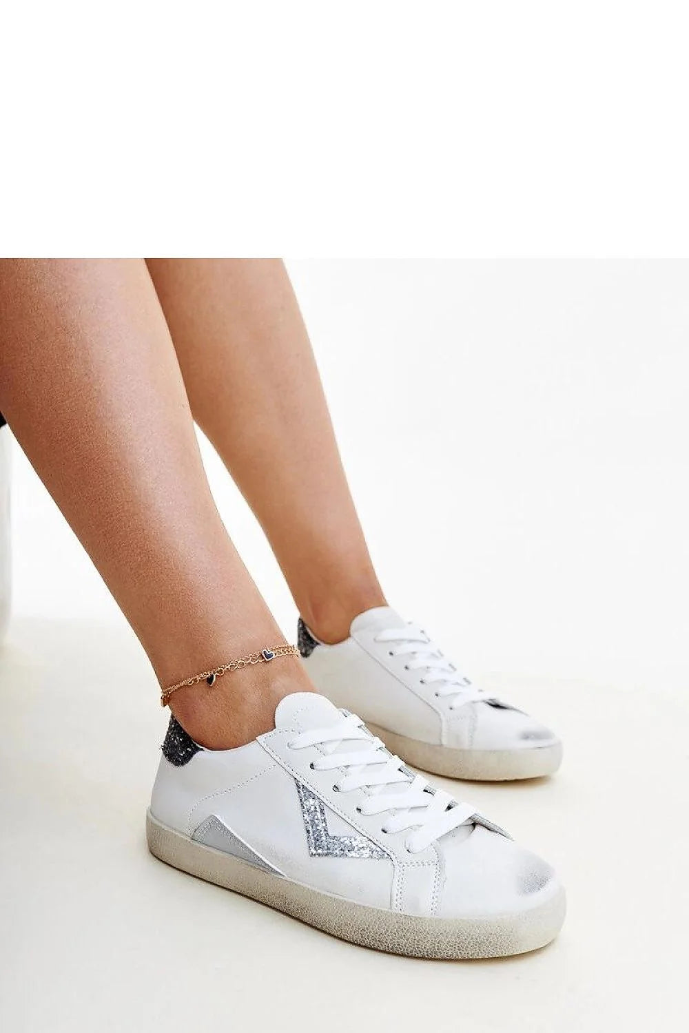 Baskets Femme Mode Moderne Design Décontracté Blanc Argenté Paillettes Flèche Bout Rond Lacets Cuir Synthétique Caoutchouc Vintage Urban Chic Élégance