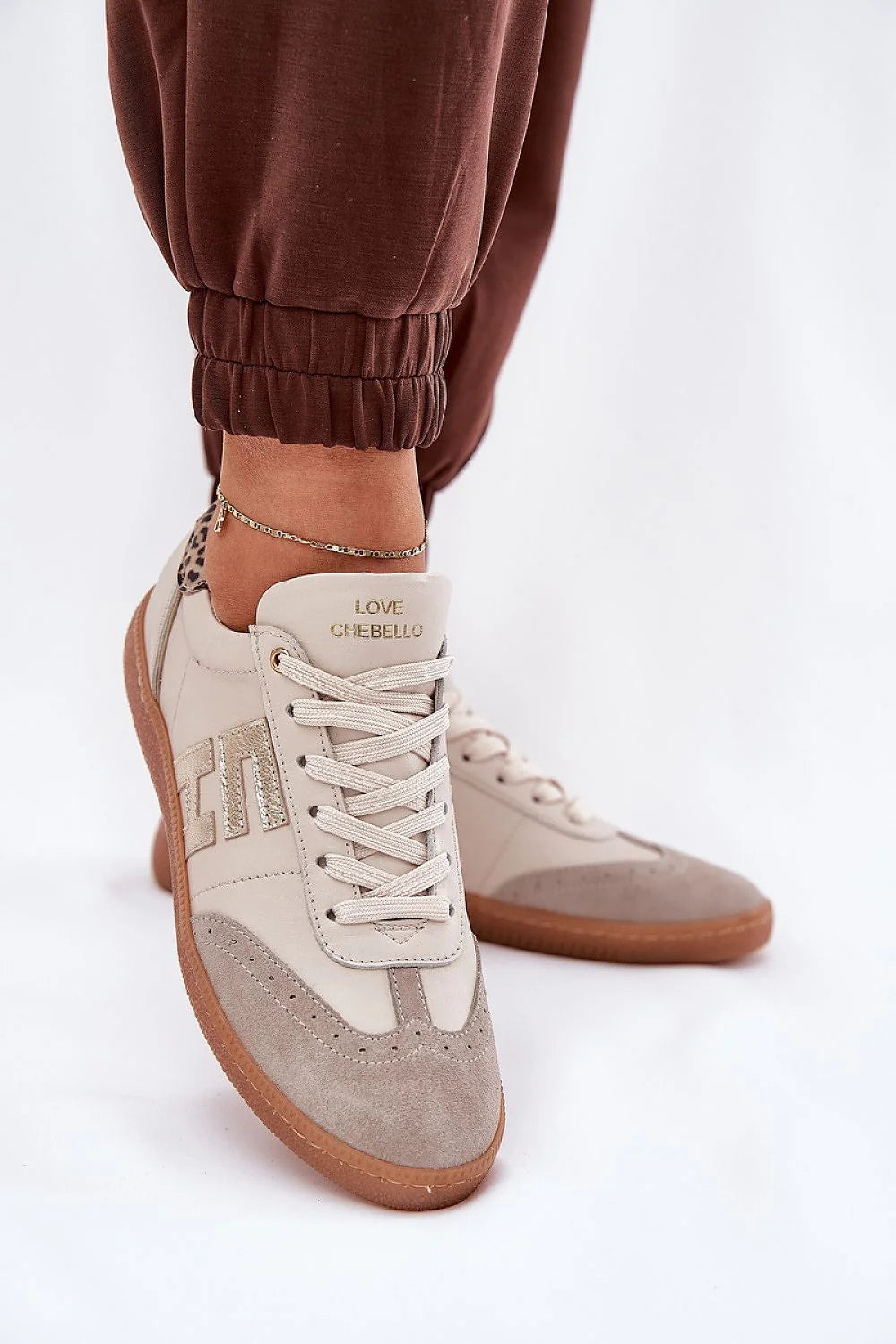 Chaussures de sport Step in style femmes cuir naturel daim gris beige logo doré motif scintillant cheville imprimé léopard semelle caoutchouc gomme