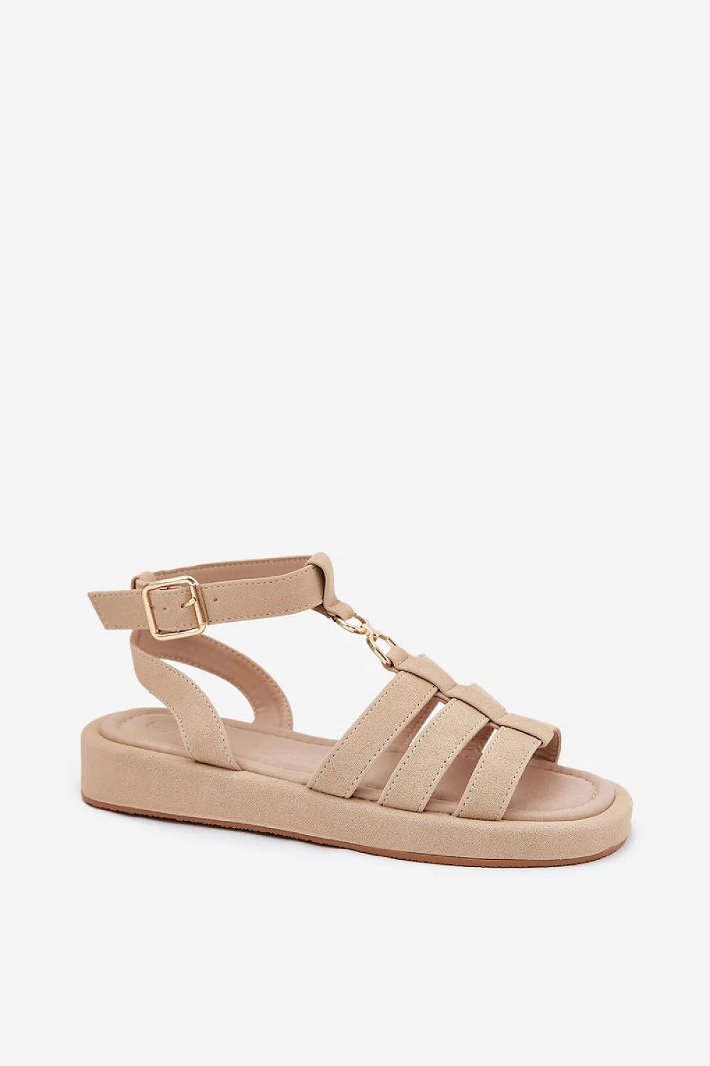 Sandales femmes style estival décontracté cuir suédé beige semelle épaisse doré coquillages occasion détente