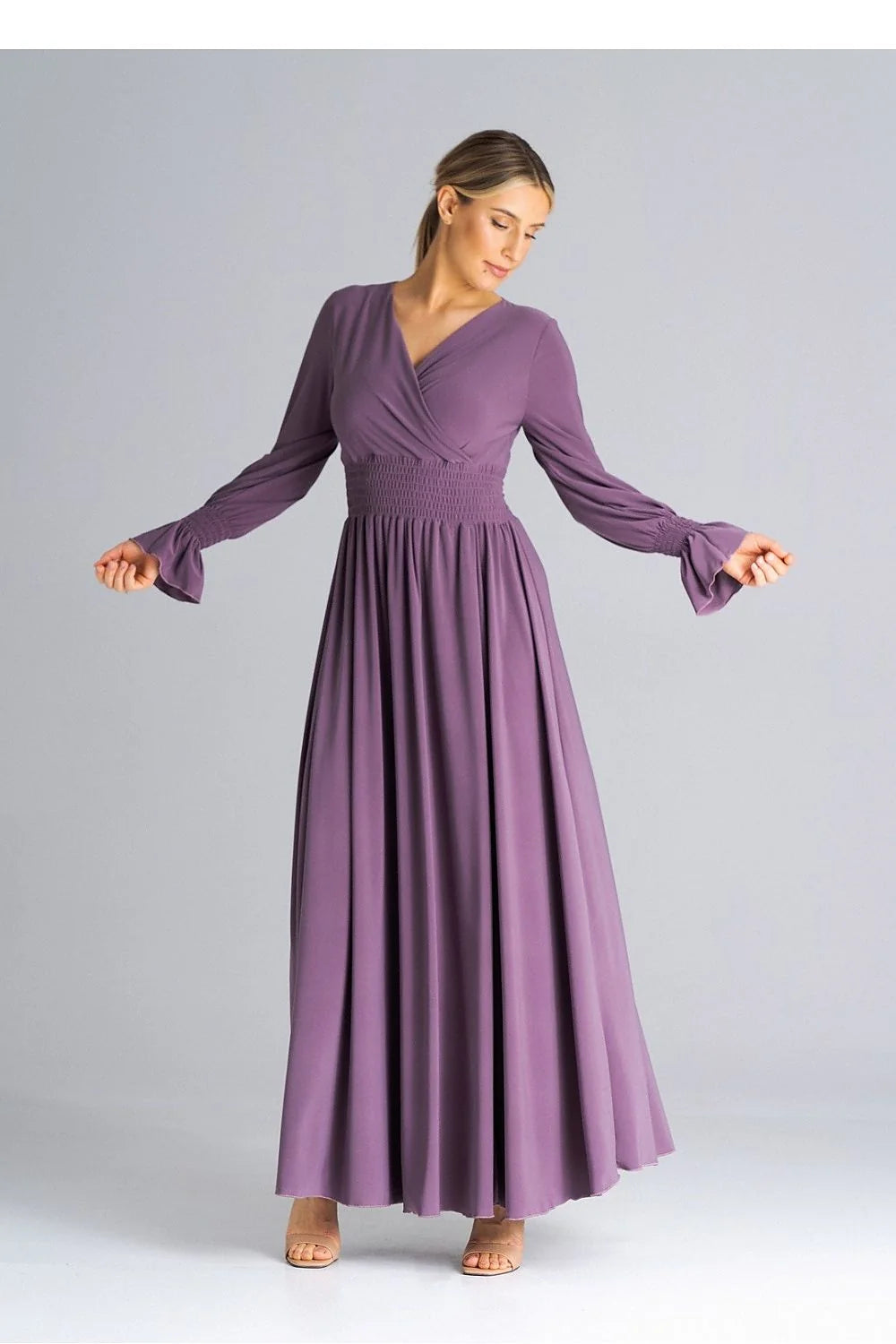 Robe de jour élégante longue empire V croisé manches longues smock polyester elastane taille haute femme
