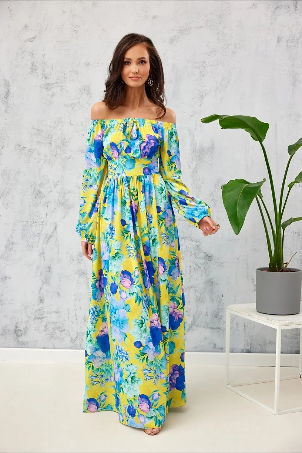 Robe longue femme Roco Fashion jaune vif motifs floraux épaules dénudées manches longues taille empire boho chic