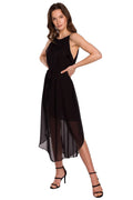 Robe soirée noire polyester élégante volants transparents ceinture sans manches allure chic femmes