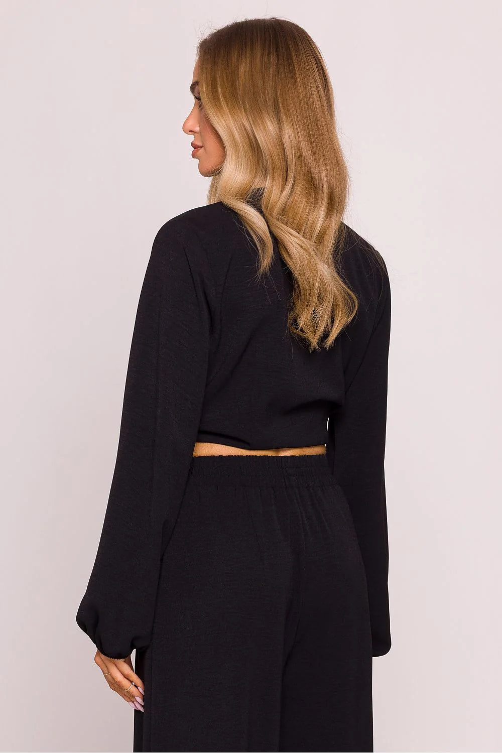 Chemisier moe élégant longues manches crop top décolleté V noeud avant pants taille haute femme