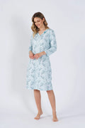 Robe élégante pour femme en viscose coton bleu ciel motif floral délicat manches longues encolure V
