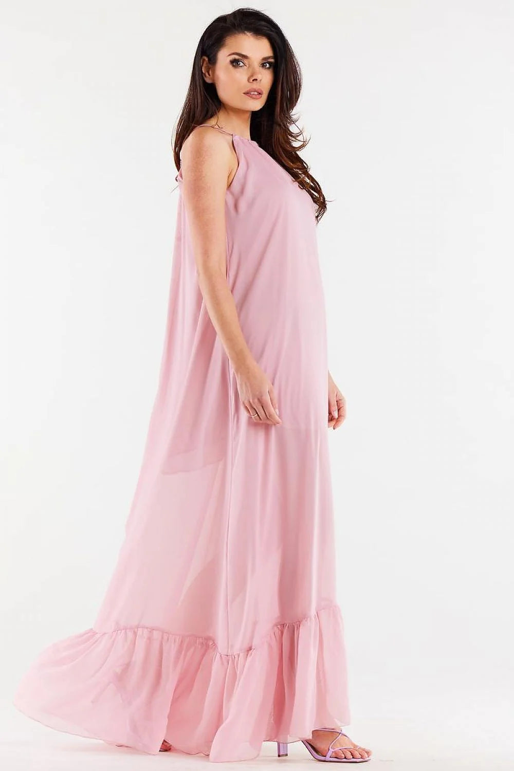 Robe de jour awama longue en mousseline de soie rose pâle encolure américaine volant large dos nu manches épaules féminine occasion formelle ou estivale