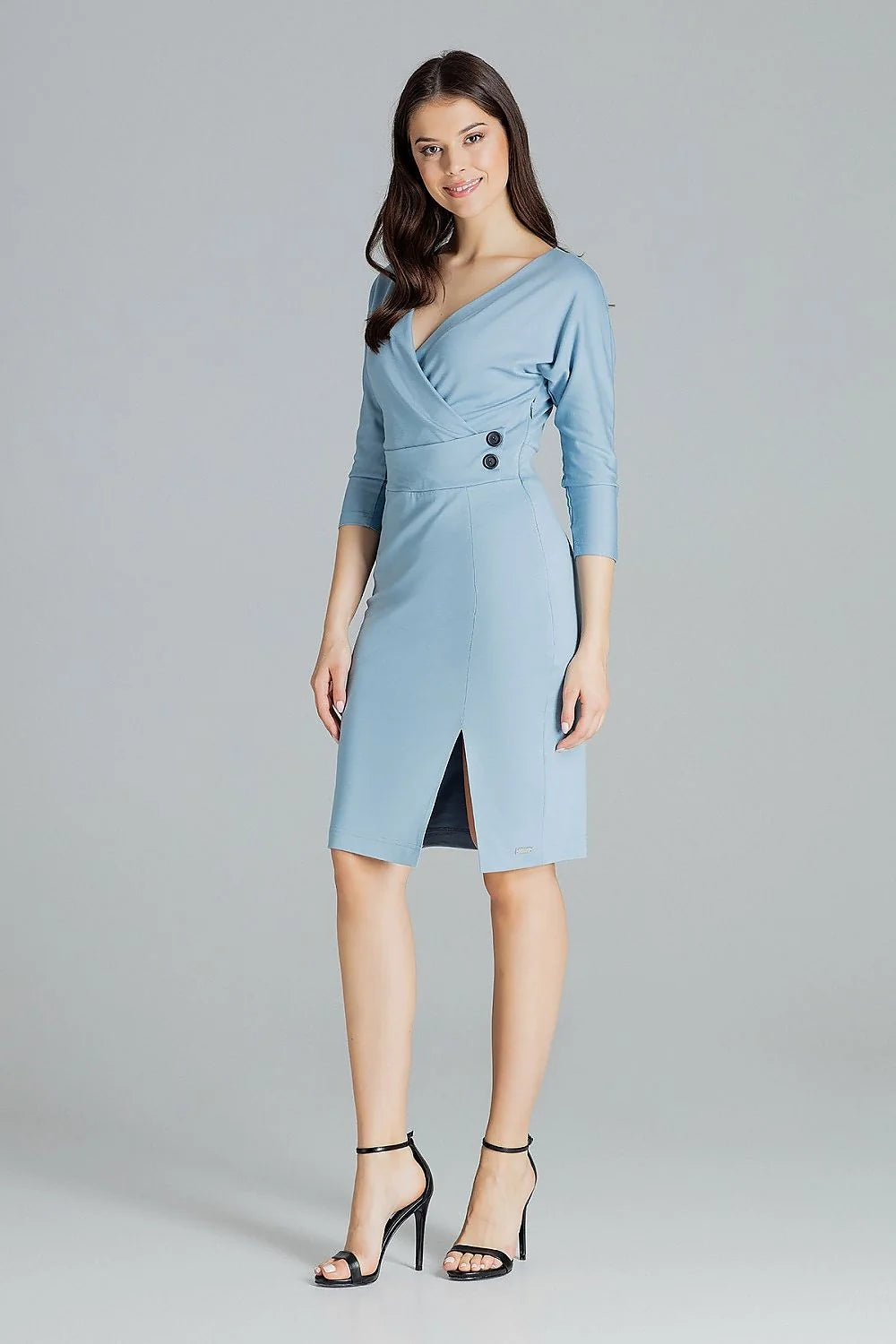 robe fourreau midi femme rose poudré cache coeur manches trois quarts ceinture ajustable boutons noirs fente stretch crêpe maintien élégant