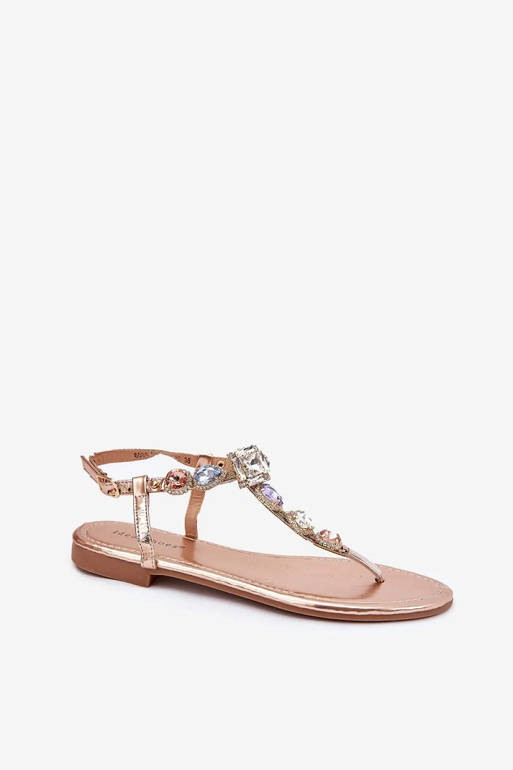 sandales femme plates bride T strass facettés multicolores pastel rose bleu violet métallisée talon plat confort réglable boucle dorée élégantes