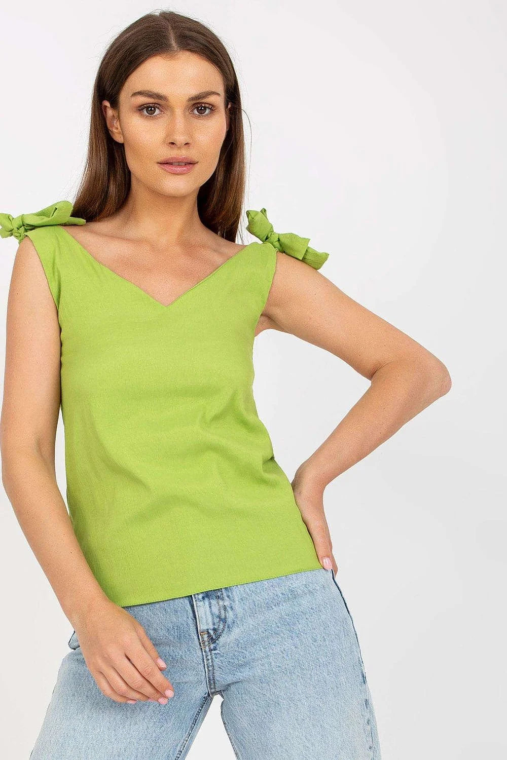 Top sans manches femme coupe droite décolleté V nœuds épaules style moderne couleur bleu vif polyester 100%_taille unique