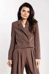 veste blazer courte double boutonnage chocolat ajustée revers cranté manches longues épaules droites confortable élégante polyvalente élasthanne polyester viscose