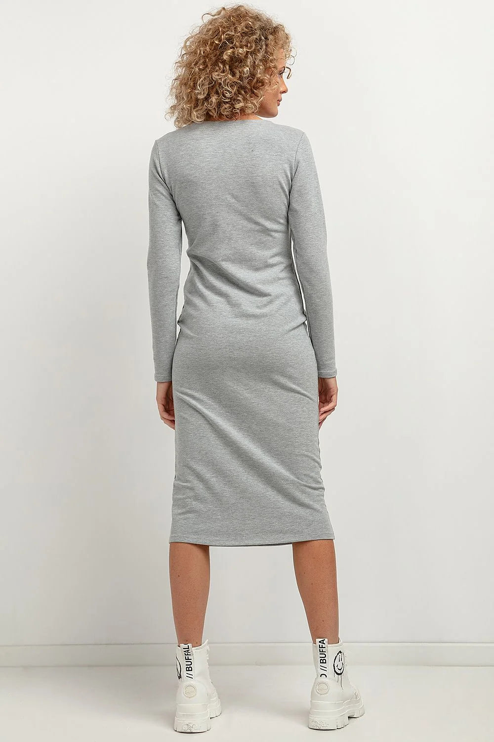 robe midi maille jersey extensible coupe ajustée slim encolure bateau manches longues gris clair chiné confortable