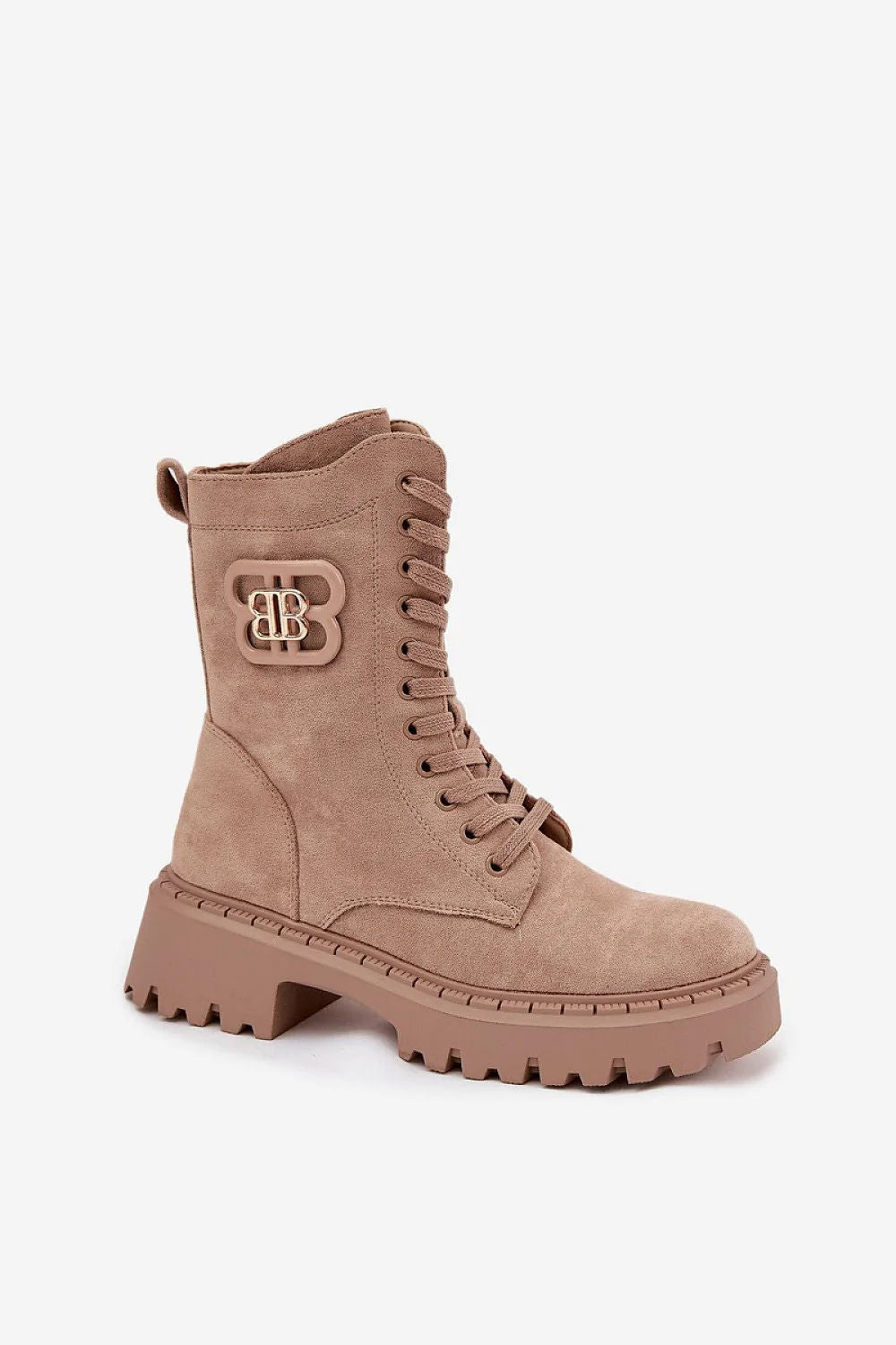 bottines femme montantes style worker urbain suédine taupe nude lacets fermeture éclair plateforme crantée antidérapante semelle talon bloc doublure douce