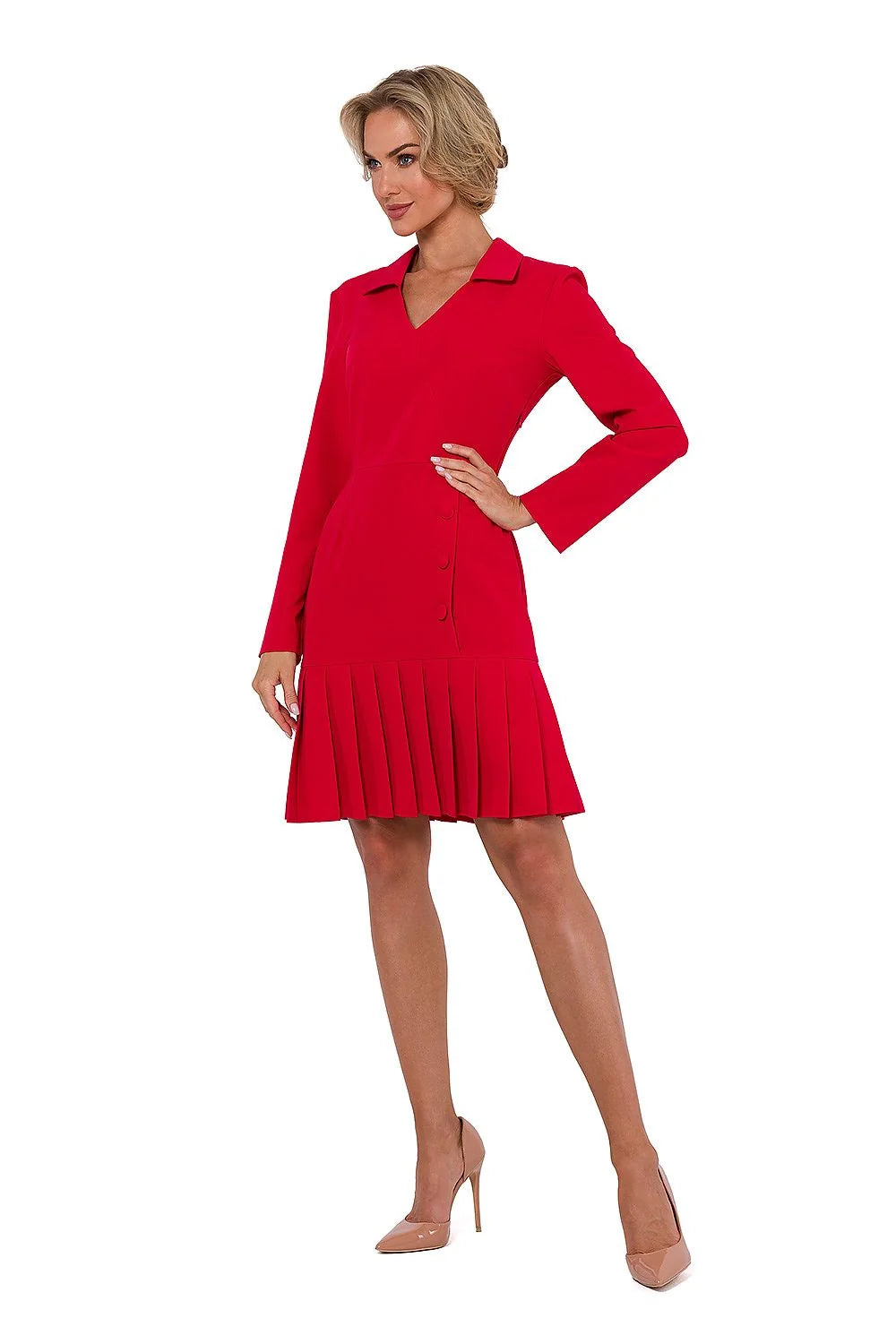 Robe de jour moderne structurée en rouge éclatant pour femme, robe longue manches longues, coupe ajustée, élasthanne, polyester, viscose, occasions formelles et semi-formelles