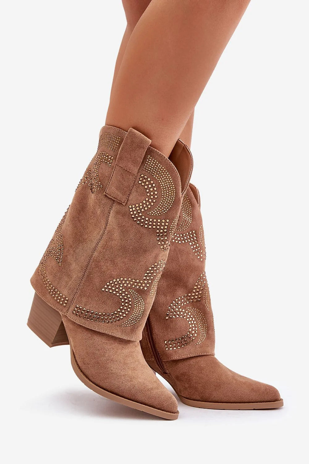 Bottes à talons carrés en suédine camel clous dorés semi-ajustées mi-mollet fermeture éclair talon bois 5cm femmes élégance occasion