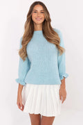 pull femme maille épaisse brossée bleu pastel col rond coupe ample longueur hanches manches trois quarts volantées poignets froncés