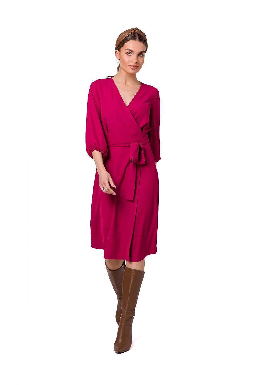 robe portefeuille midi fuchsia décolleté V profond manches troisquarts bouffantes ceinture nouée taille marquée tissu fluide élasthanne polyester élégante polyvalente