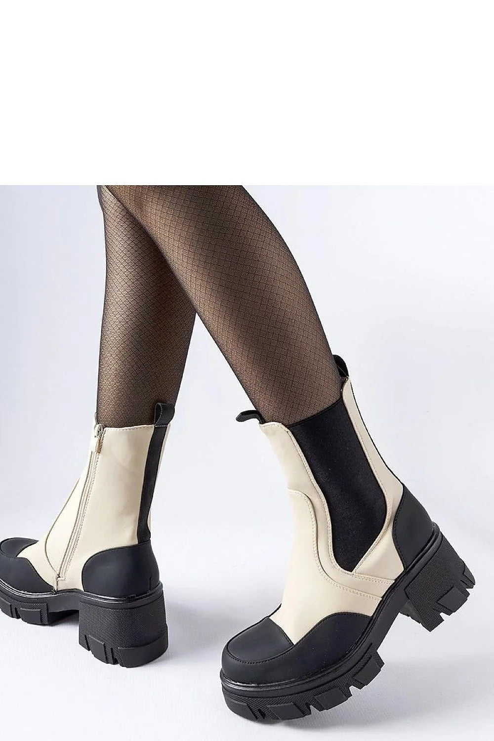 Bottes femmes modernes audacieuses cuir synthétique beige noir Chelsea élastiques lacets talon épais doublure intérieure occasionnels formels
