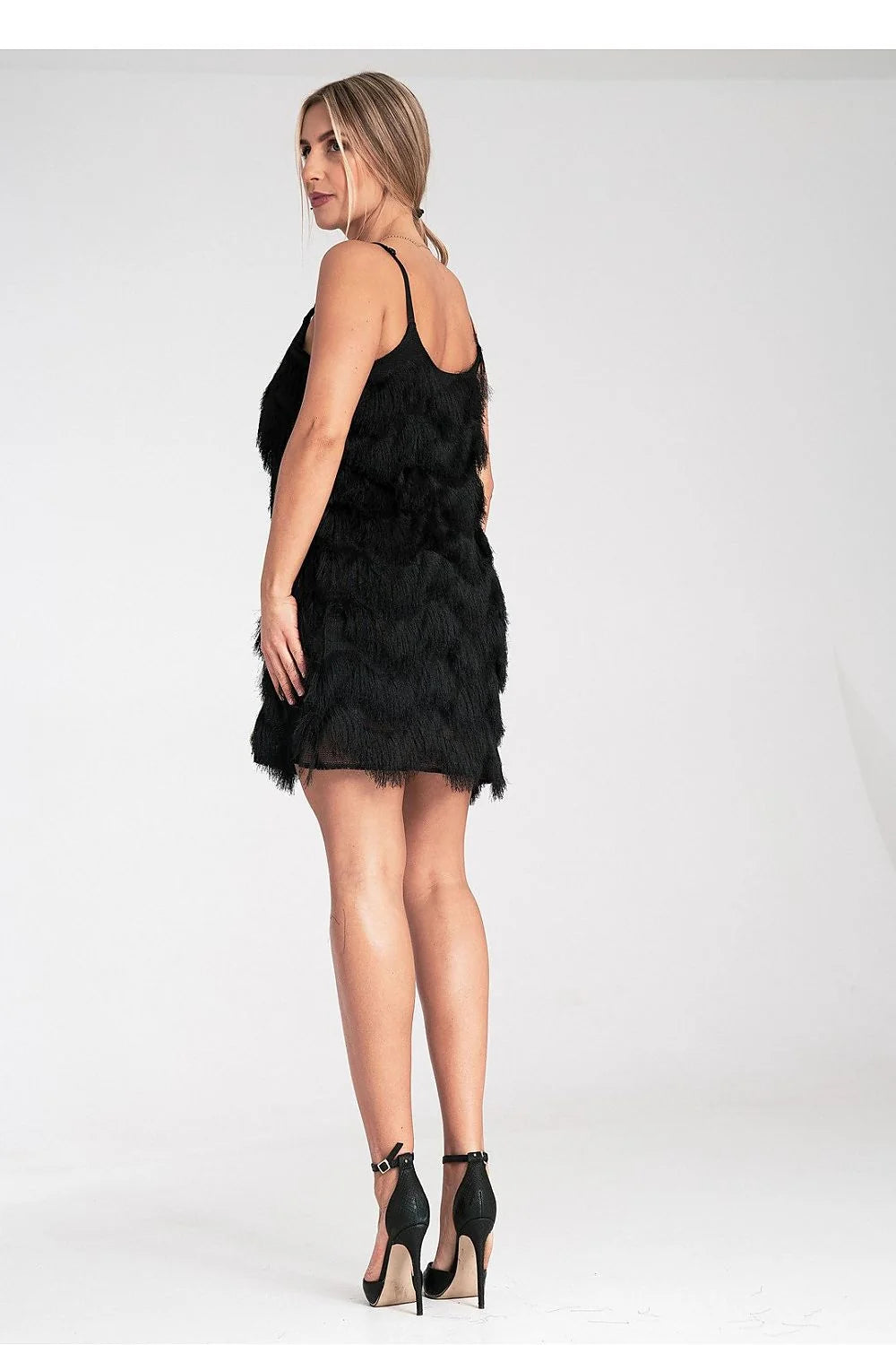Robe de soirée élégante mini franges décoratives bretelles fines ajustables coupe ample doublée elasthanne polyester femme