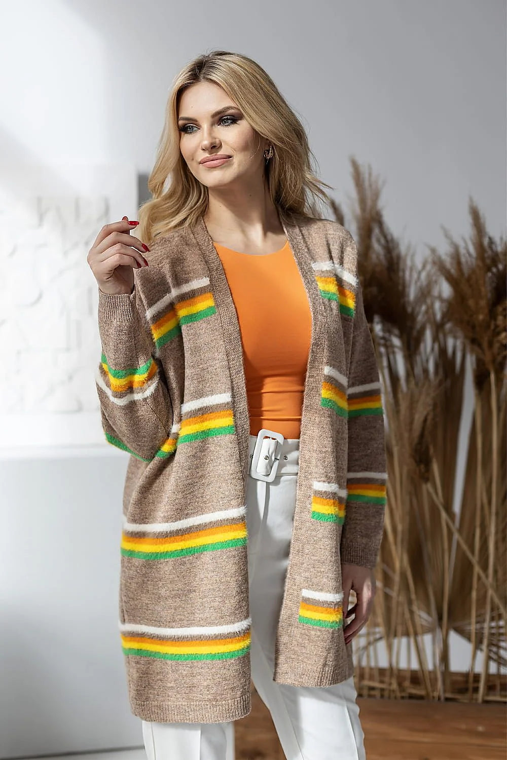 Cardigan Pee Ka Boo pour femmes design moderne décontracté rayures colorées acrylique laine manches longues coupe ample