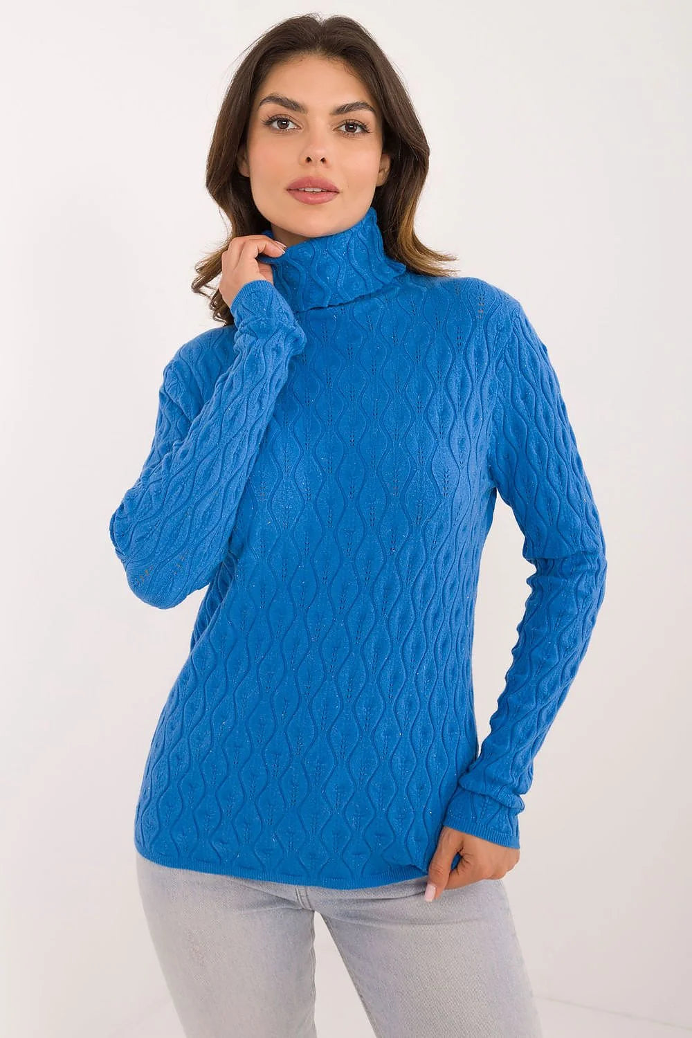 Pull col roulé motif torsadé maille tricotée viscose bleu vif femme coupe ajustée manches longues sans fermeture