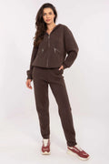 ensemble femme loungewear sweat capuche zippé poches veste courte pantalon taille haute ceinture nouée cheville resserrée doux bouclé marron angora
