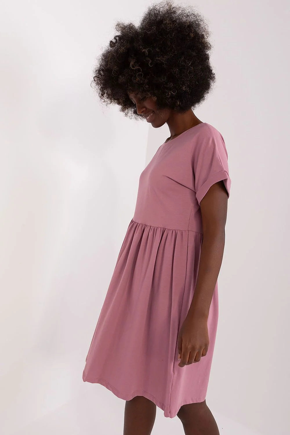 Robe trapèze Femme rose pastel manches courtes col rond coupe ample matériau doux confortable polyvalente