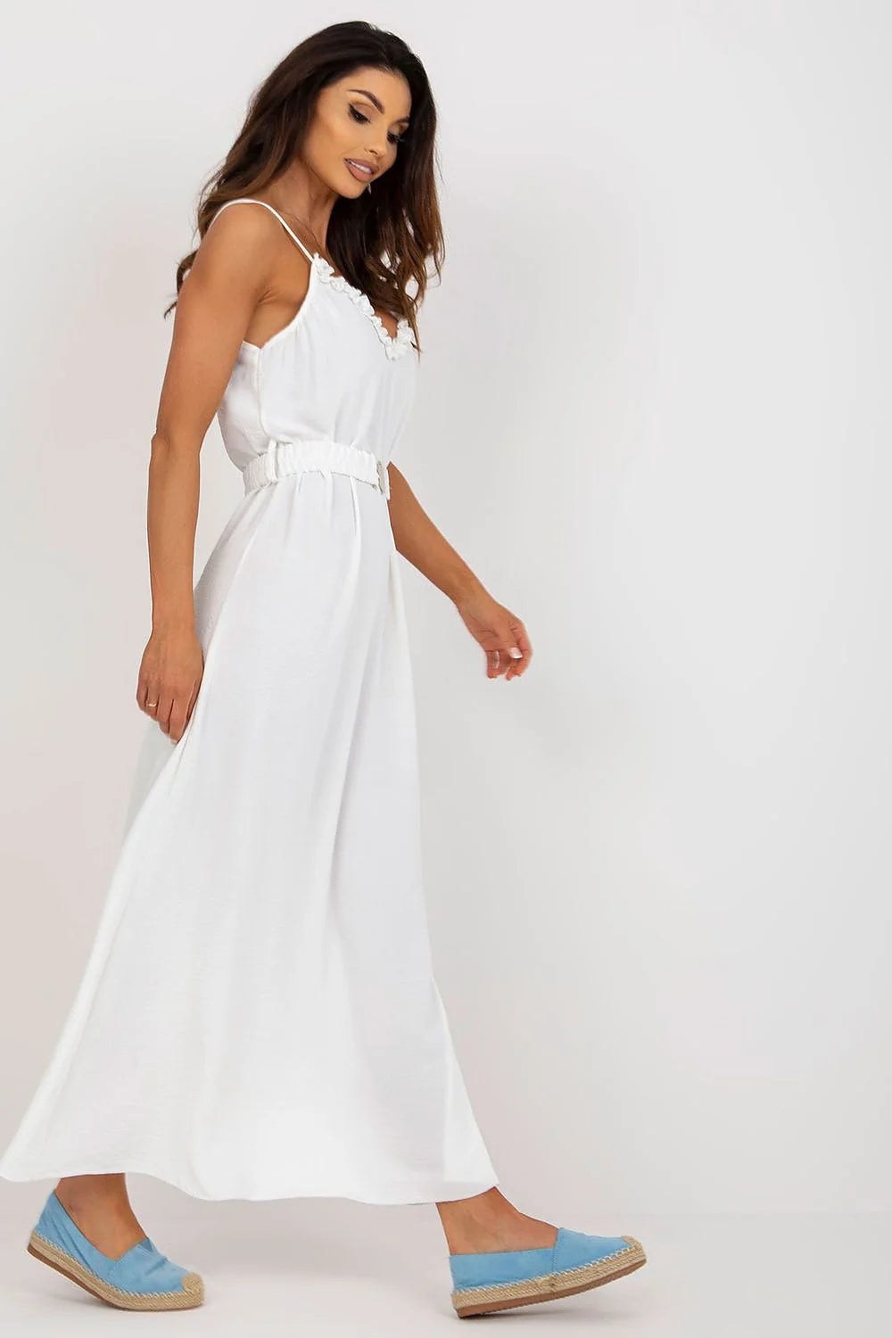Robe longue été femme décolleté en V bretelles spaghetti ceinture élastiquée blanche polyester robe Casual Chic