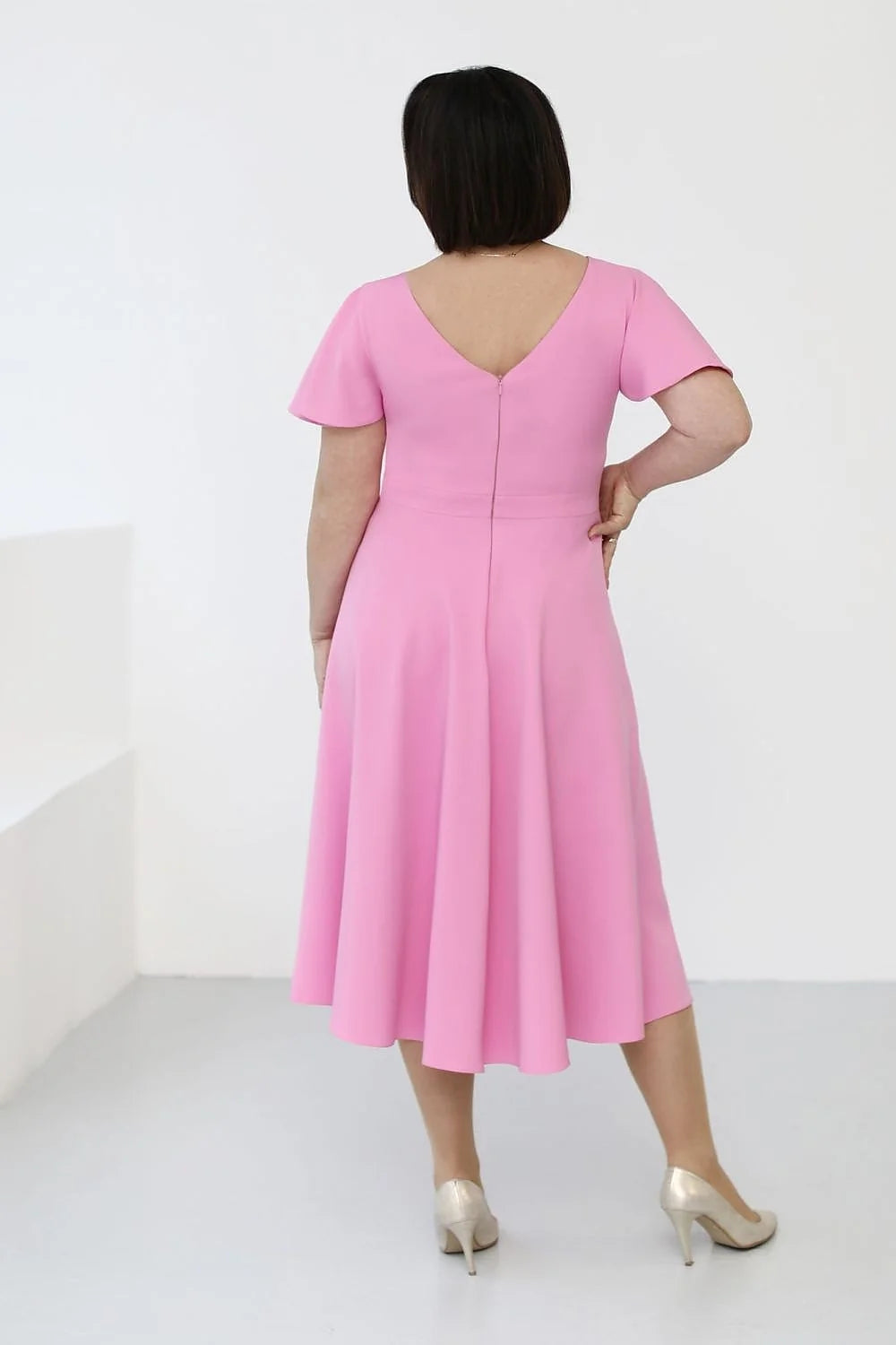 Robe de cocktail élégante en V manches courtes gonflées coupe A ligne couleur rose vive femme tissu doux