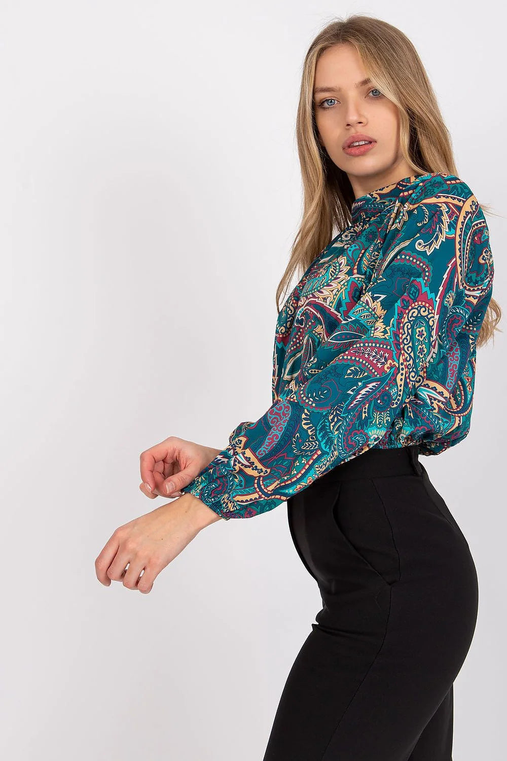Chemisier bohème multicolore polyester élasthanne manches longues col montant motifs floraux style vintage on femme